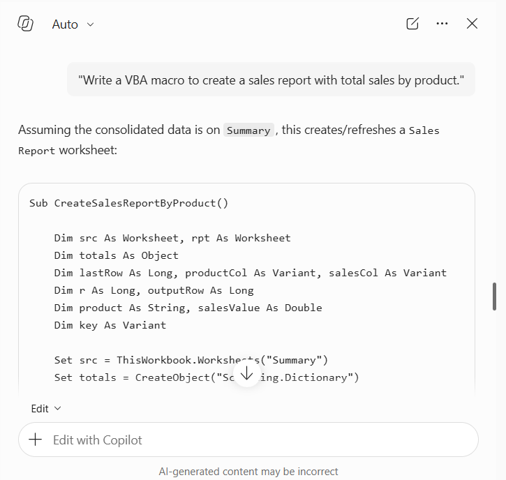 Copilot Write Excel VBA Macros