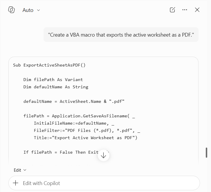 Copilot Write Excel VBA Macros