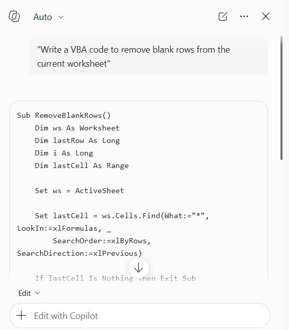 Copilot Write Excel VBA Macros