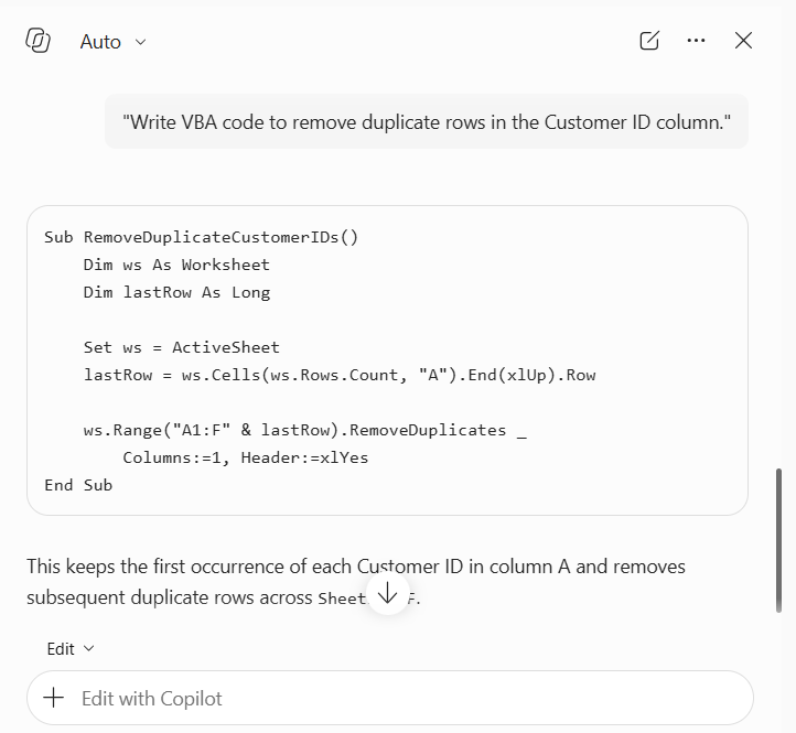 Copilot Write Excel VBA Macros